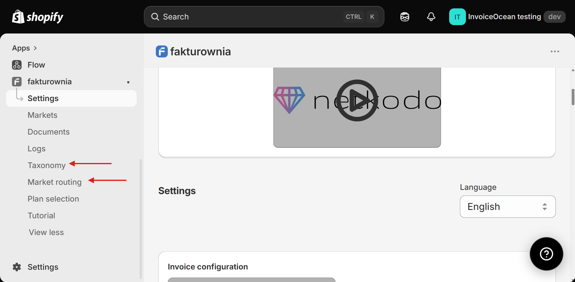 Shopify app menu with arrows pointing to Taxonomy and Market routing.
