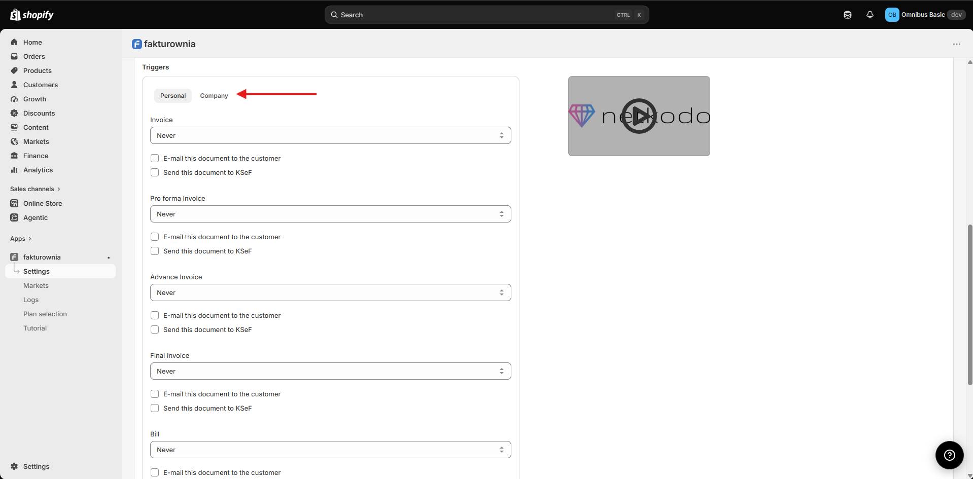Separate document trigger settings for personal and company orders.