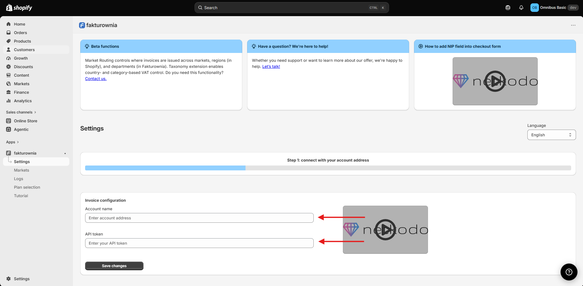 Fakturownia account connection settings with Account name and API token fields.