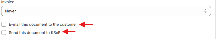 Options to email the document to the customer and send it to KSeF.