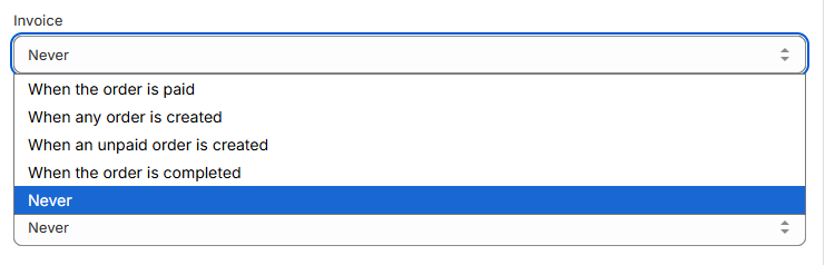 Expanded Invoice dropdown showing the available document creation triggers.