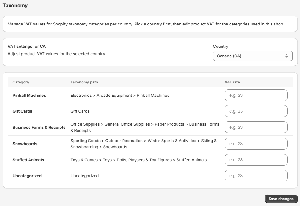 VAT Extension settings for assigning VAT rates by country and Shopify product category.